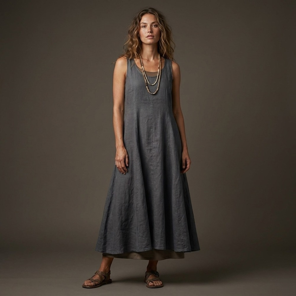 Filosofia Womens Charcoal Gray 100% Linen Sleeveless Maxi Dress Sz M Made in USA